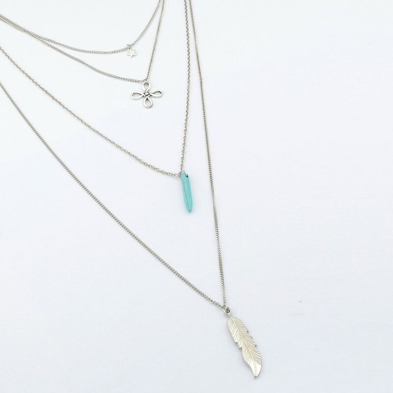 

Feather Pendant Layered Chain Necklace, Silver