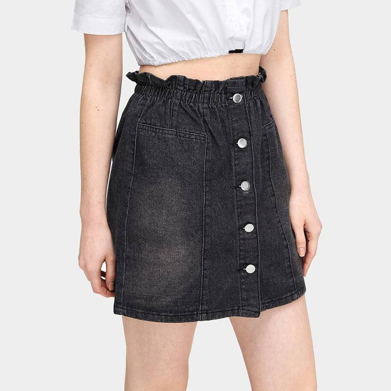 

Button Through Paperbag Denim Skirt, Black