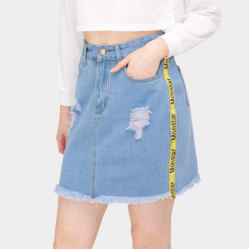 

Ripped Letter Tape Side Denim Skirt, Blue