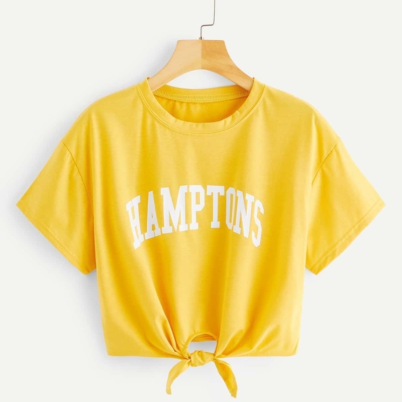 

Letter Print Knot Hem Crop Tee, Yellow