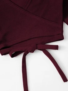 SHEIN Unity Plus Flounce Sleeve Wrap Front Knot Blouse - Burgundy - View 5