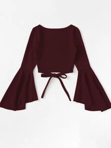 SHEIN Unity Plus Flounce Sleeve Wrap Front Knot Blouse - Burgundy - View 4