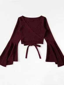 SHEIN Unity Plus Flounce Sleeve Wrap Front Knot Blouse - Burgundy - View 1