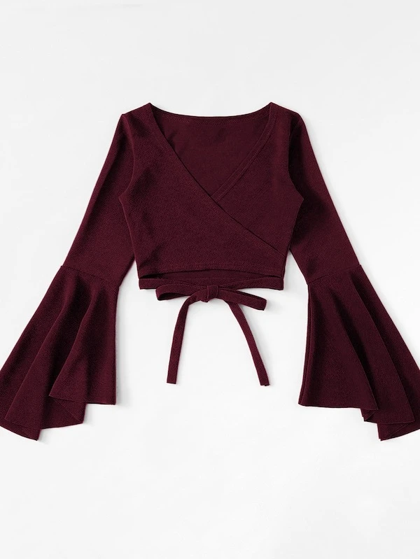 SHEIN Unity Plus Flounce Sleeve Wrap Front Knot Blouse - Burgundy - View 1