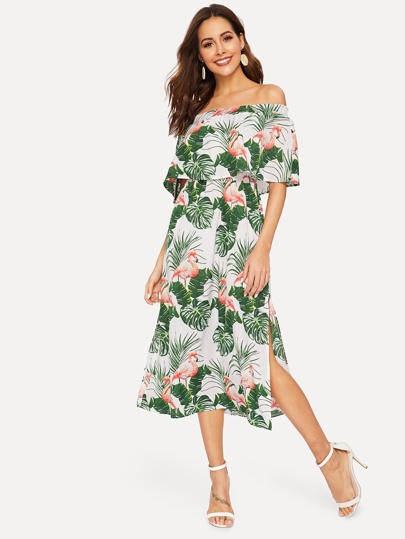 Off The Shoulder Tropical Print Dress pictures