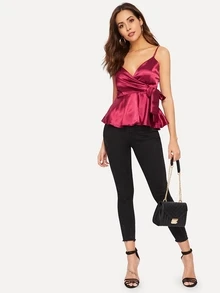 Surplice Front Ruffle Hem Cami Top - Burgundy - View 3