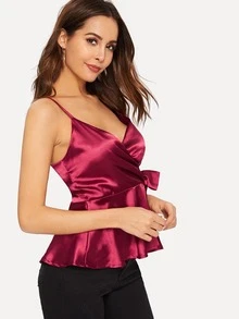 Surplice Front Ruffle Hem Cami Top - Burgundy - View 5