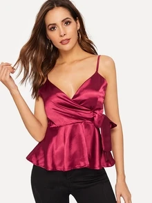 Surplice Front Ruffle Hem Cami Top - Burgundy - View 1