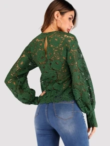 Blouson Sleeve Buttoned Keyhole Back Lace Top - Dark Green - View 2