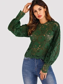 Blouson Sleeve Buttoned Keyhole Back Lace Top - Dark Green - View 3