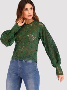 Blouson Sleeve Buttoned Keyhole Back Lace Top - Dark Green - View 4
