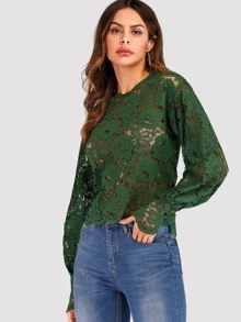 Blouson Sleeve Buttoned Keyhole Back Lace Top - Dark Green - View 5