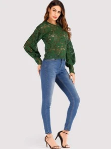 Blouson Sleeve Buttoned Keyhole Back Lace Top - Dark Green - View 7