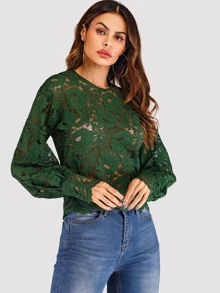 Blouson Sleeve Buttoned Keyhole Back Lace Top - Dark Green - View 6