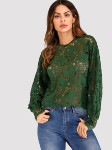 Blouson Sleeve Buttoned Keyhole Back Lace Top - Dark Green - View 1