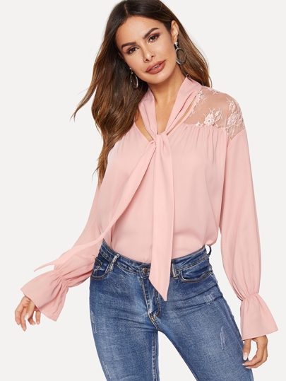 Tie Neck Floral Lace Insert Flowy Top pictures