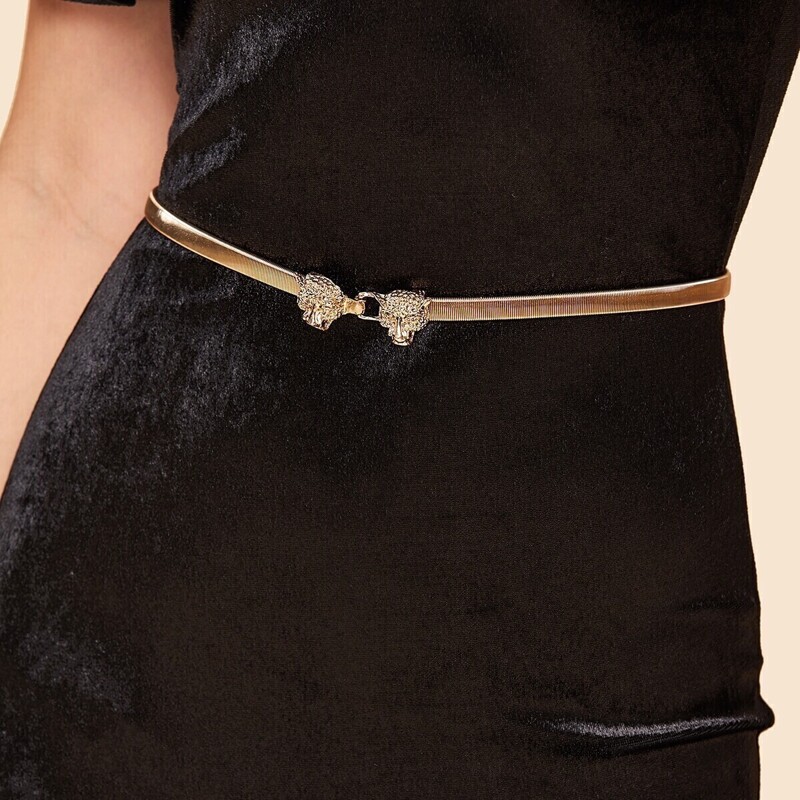 

Leopard Head Shaped Buckle Metal Skinny Belt, Gold