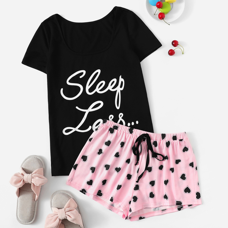 

Slogan Graphic Tee & Allover Heart Drawstring Waist Shorts PJ Set, Multicolor