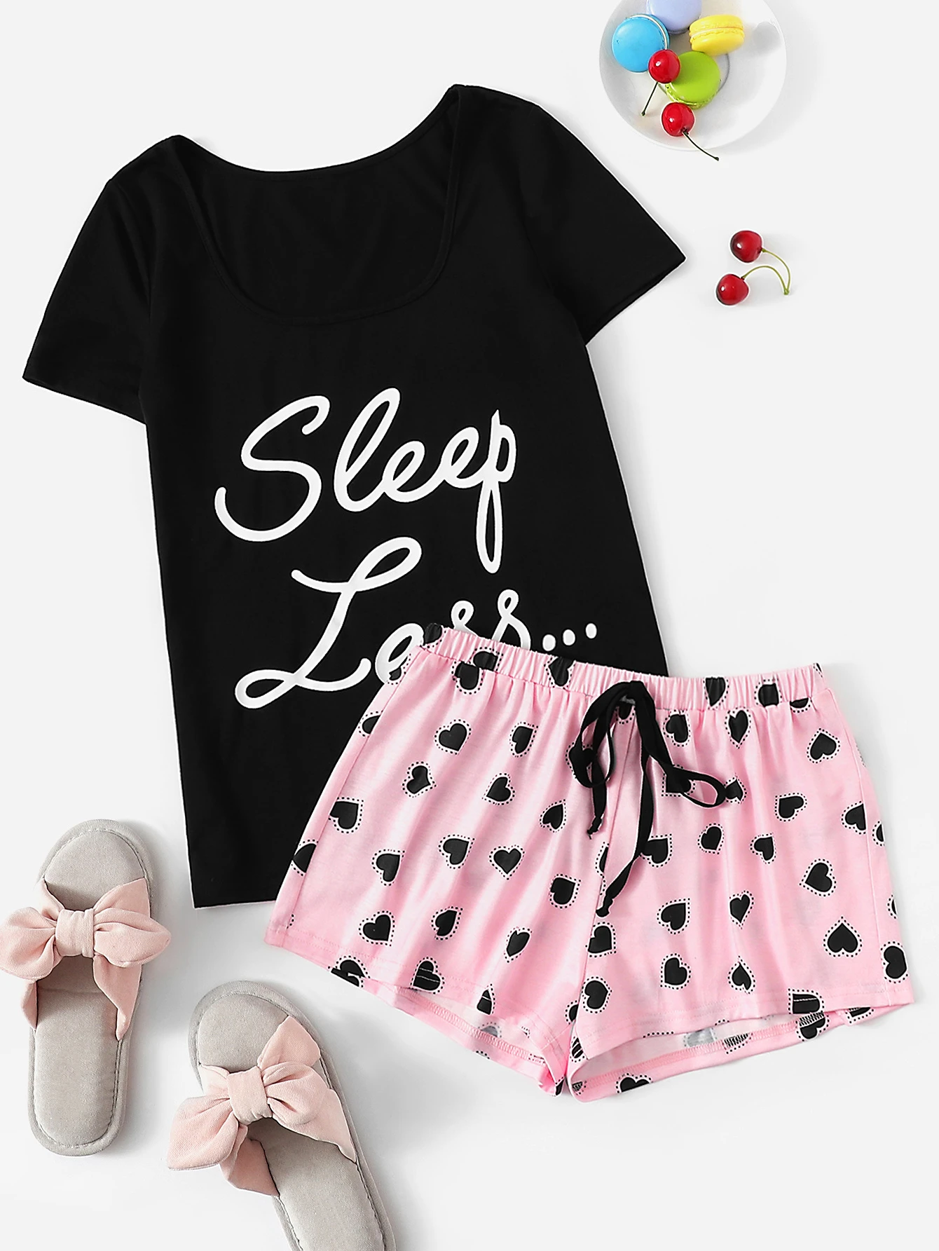 Details about / SHEIN Cat Print Tshirt And Heart Set Pajama Sleeve Short Neck Round Cute Summer