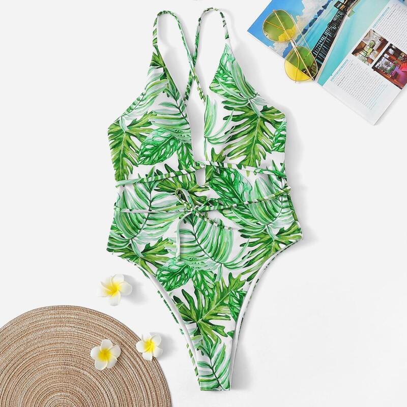 

Random Tropical Criss Cross Backless One Piece Swimsuit, Green