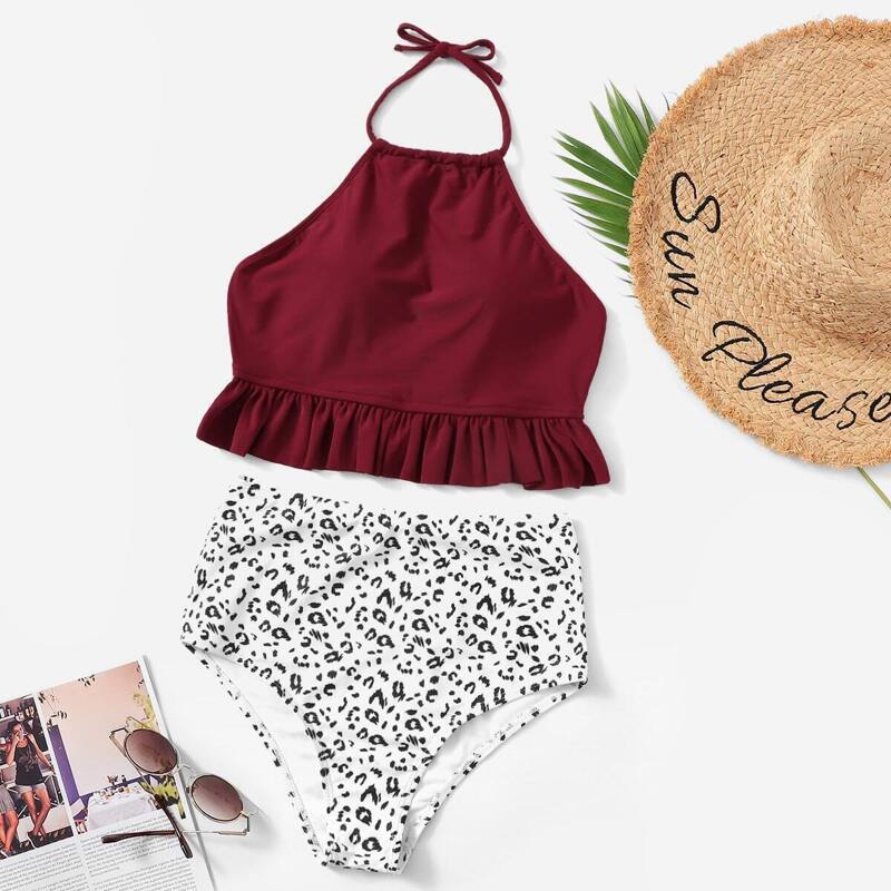 

Ruffle Top With Leopard Bikini Set, Multicolor