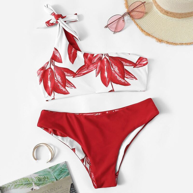 

Random Leaf Print One Shoulder Top With Panty Bikini, Multicolor