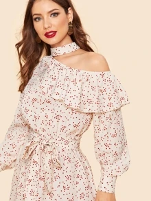 SHEIN 90s Ruffle Cutout Shoulder Dot Print Belted Dress - Red and White - View 4