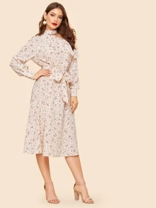 SHEIN 90s Ruffle Cutout Shoulder Dot Print Belted Dress - Red and White - View 5