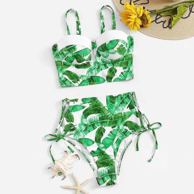 

Jungle Push Up Top With Tie Side Bikini Set, Multicolor
