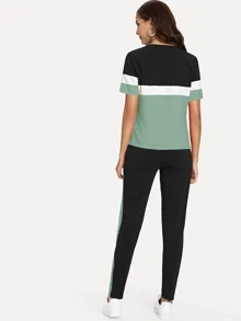 SHEIN LUNE Color-block Tee & Drawstring Waist Pants Set - Multicolor - View 2
