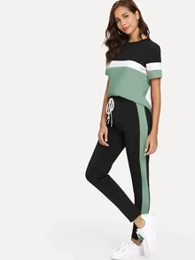 SHEIN LUNE Color-block Tee & Drawstring Waist Pants Set - Multicolor - View 4