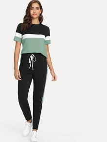 SHEIN LUNE Color-block Tee & Drawstring Waist Pants Set - Multicolor - View 3