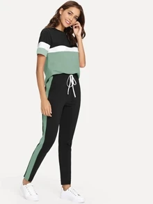 SHEIN LUNE Color-block Tee & Drawstring Waist Pants Set - Multicolor - View 1