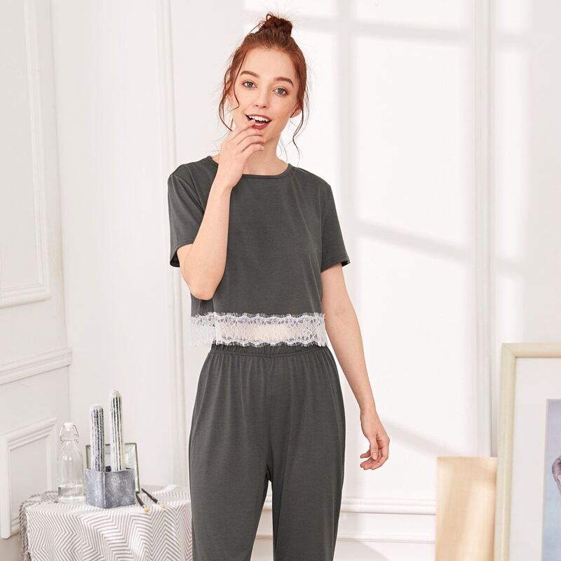 

Lace Trim Top & Pants PJ Set, Grey