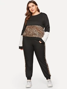 Plus Leopard Print Panel Sweatshirt With Pants - Black - View 2