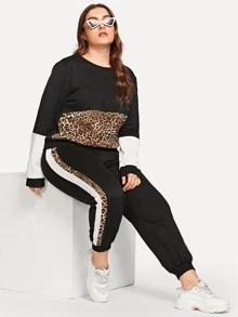 Plus Leopard Print Panel Sweatshirt With Pants - Black - View 1