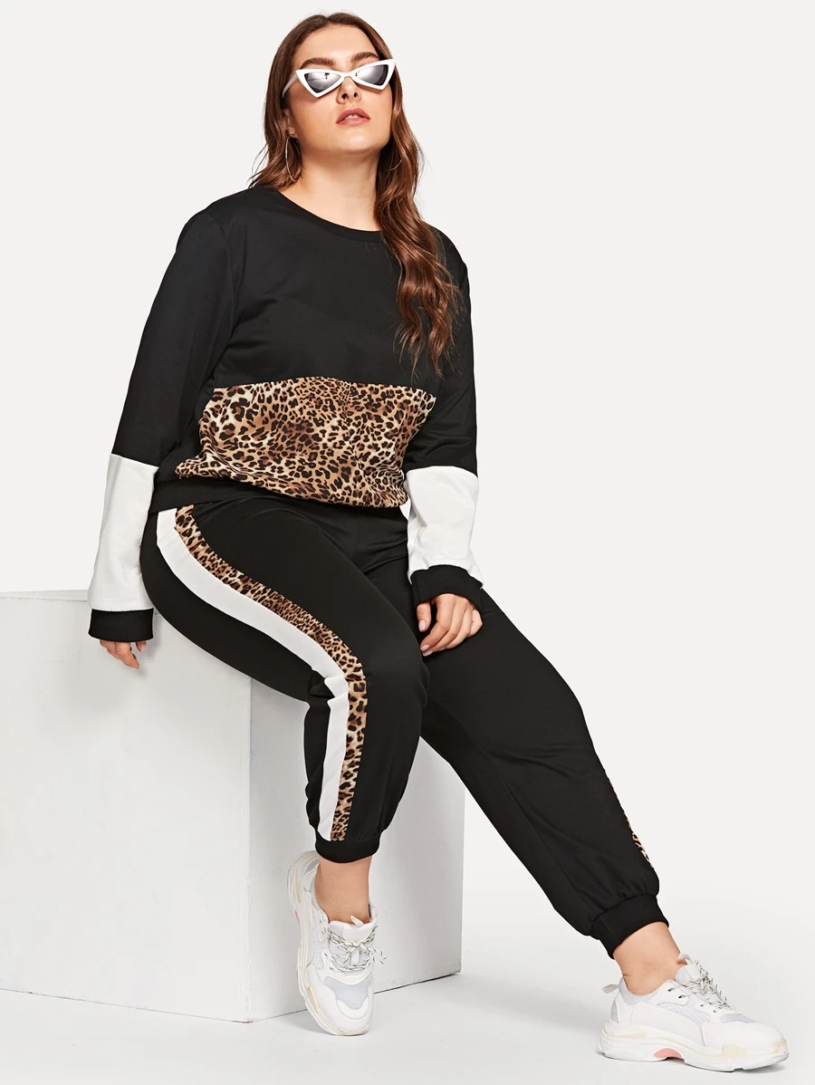 Plus Leopard Print Panel Sweatshirt With Pants - Black - View 1
