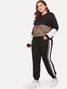 Plus Leopard Print Panel Sweatshirt With Pants - Black - View 3