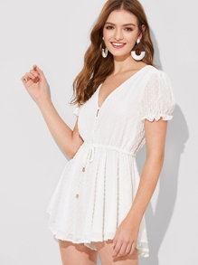 Drawstring Waist Jacquard Chiffon Romper