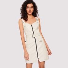 Zip Up Belted PU Dress