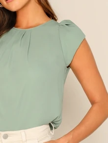 SHEIN Privé Gathered Neck Buttoned Keyhole Back Blouse - Mint Green - View 4