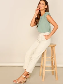 SHEIN Privé Gathered Neck Buttoned Keyhole Back Blouse - Mint Green - View 5