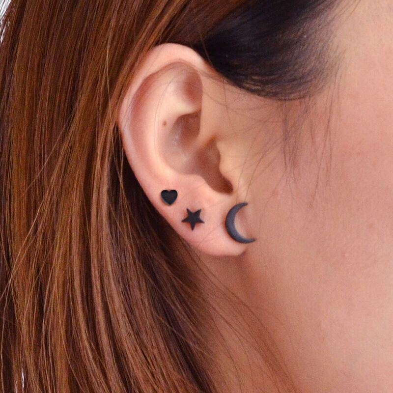 

3Pcs/Set Heart Moon Star Cute Stud Earrings Set, Black