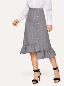 Plaid Button Front Ruffle Hem Skirt