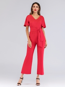 V-neck Zip Back Belted Jumpsuit