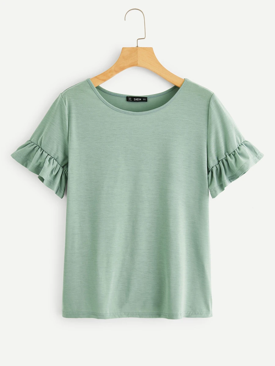 SHEIN LUNE Camiseta sólida de puño fruncido - verde menta - Ver 1