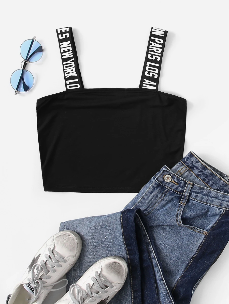 Muchica Lettering Strap Detail Crop Top - Black - View 1