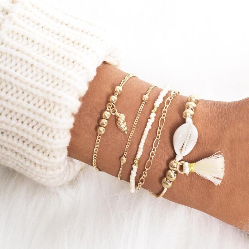 

Seashell & Tassel Detail Bracelet 5pcs, Gold