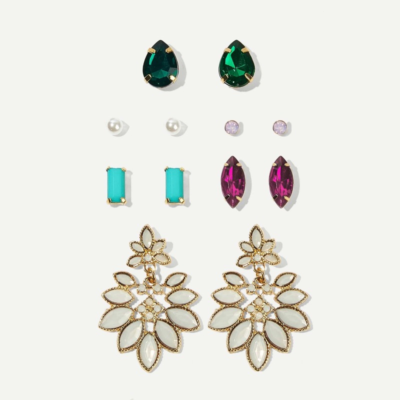 

Faux Pearl & Gemstone Stud Earrings 6pairs, Multicolor