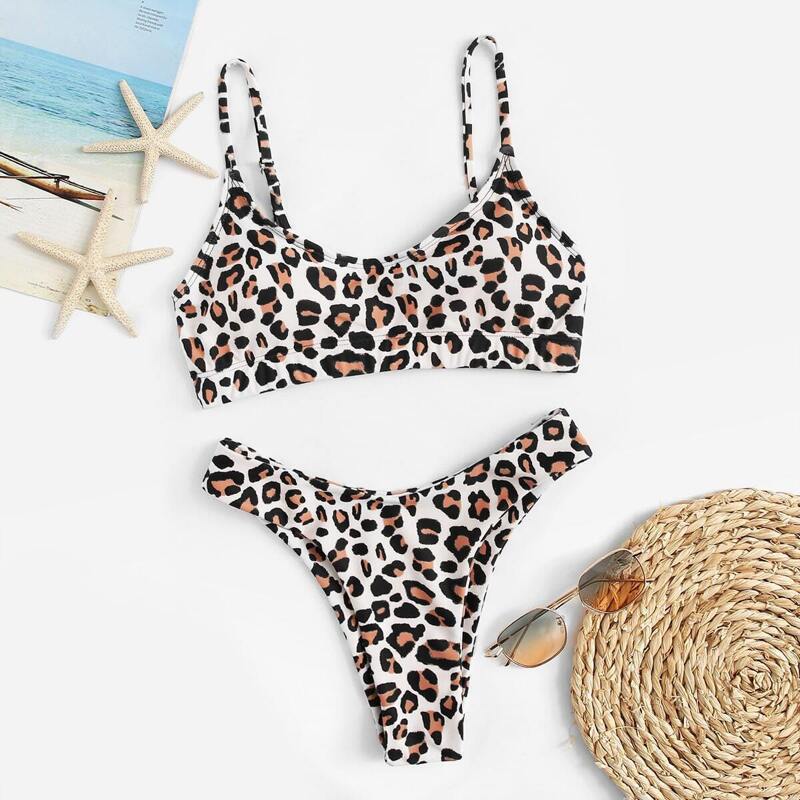 

Leopard Cami Top With High Leg Bikini Set, Multicolor